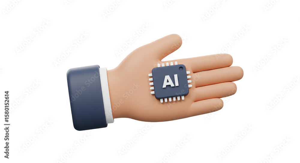 Aufkleber 3d rendering of hand holding ai microchip represents future tech