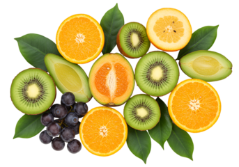 Illustration Fresh Fruit Slices Featuring Kiwi Orange Grapes and Green Leafs