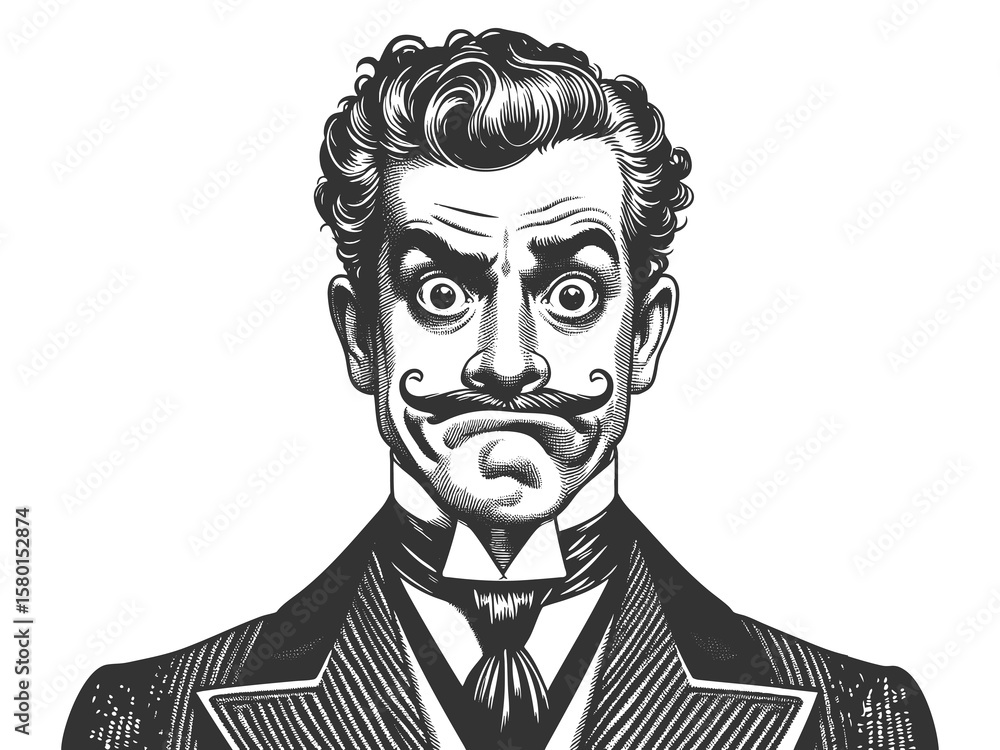 Poster man in formal victorian attire, displaying a confused and exaggerated facial expression sketch engra