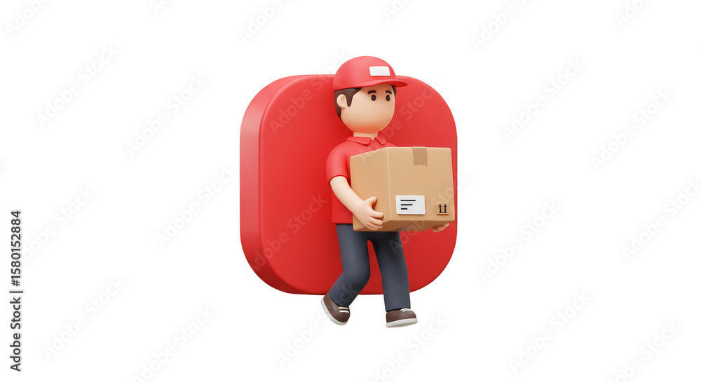 Poster 3d rendering of man delivering package in red uniform on transparent background