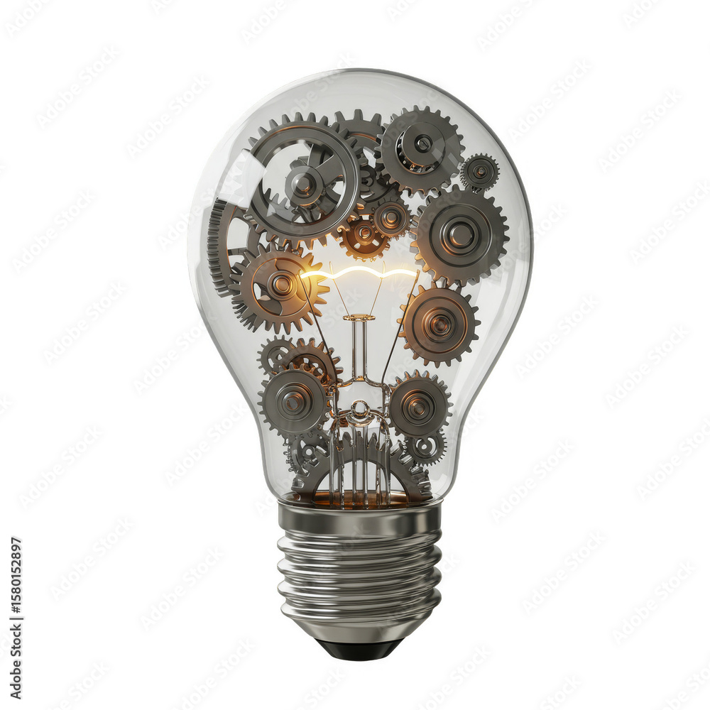 Poster 3d rendering of lightbulb filled with metallic gears mechanism idea