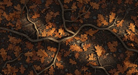 Overhead view of intertwined roots scattered autumn oak leaves and pebbles on dark forest ground