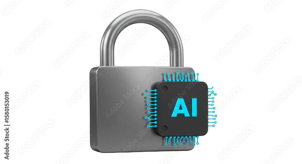 Poster 3d rendering of metal padlock representing ai cyber security