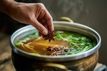hand add star anise spice to pho broth soup pot