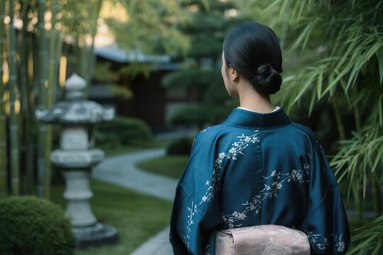 japanese woman wear kimono in bamboo garden