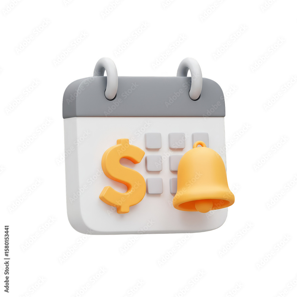 Poster 3d rendering calendar with bell and dollar sign transparent background
