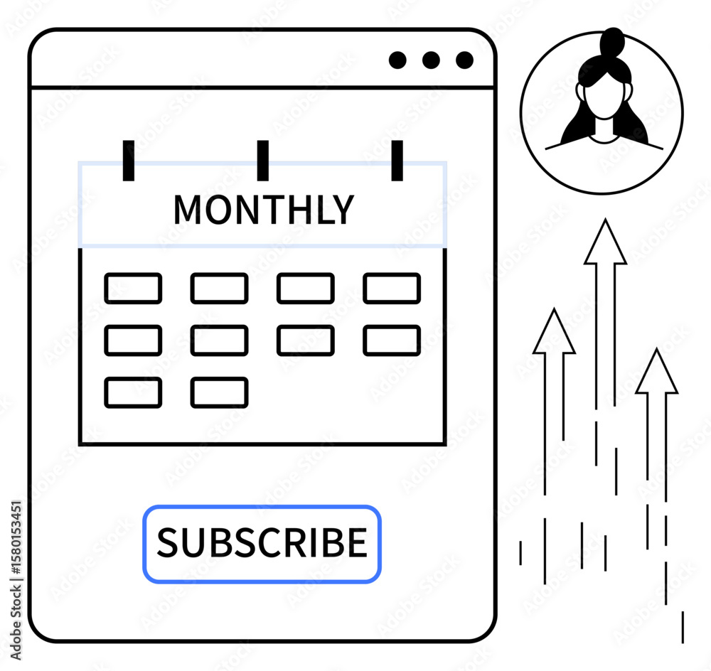 Poster calendar labeled monthly on a webpage with a subscribe button, user profile icon, and arrows indicat