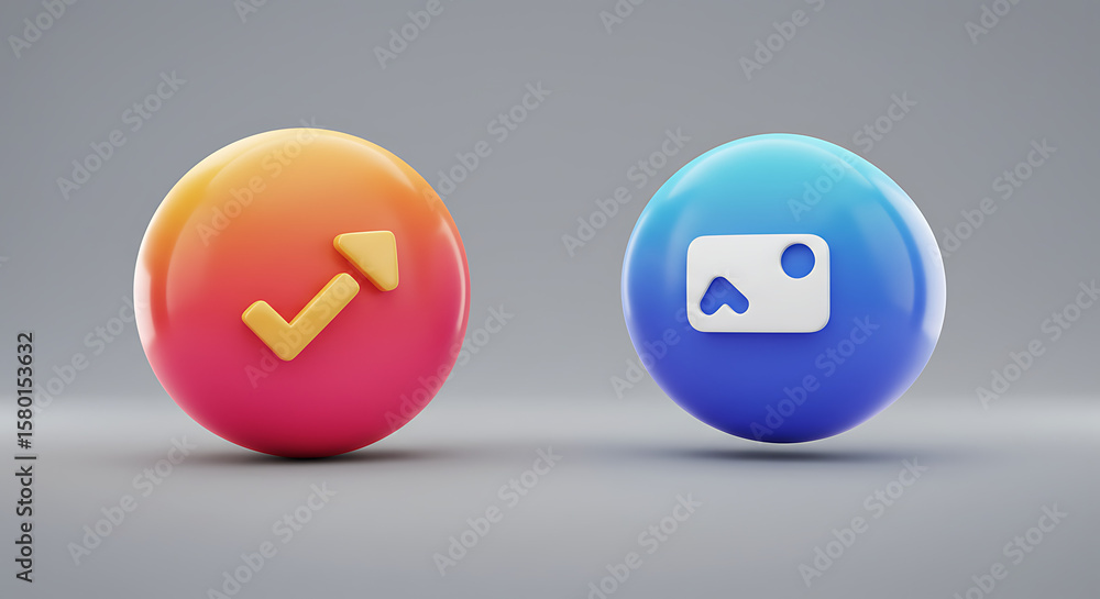 Poster two glossy spheres with icons on a gray surface, one with an arrow and the other with a picture