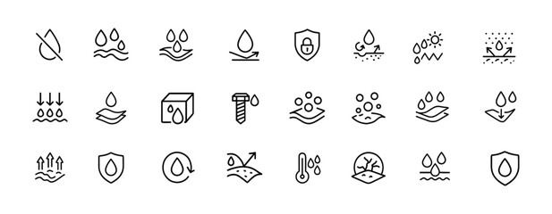 Hydrophobic Weatherproof Icon Set: Water Resistant, Moisture Shield, Anti-Wetting Fabric, Rain Drops, Climate Guard, Durable Coating, Corrosion Repellent Vector Illustration, membrane,