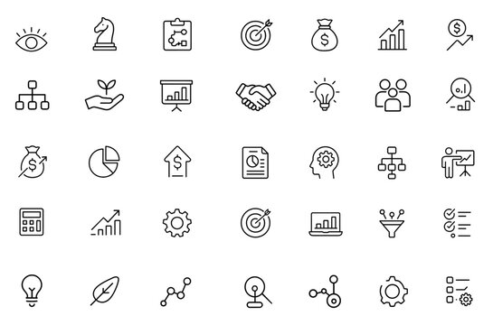 Vector Business Plan Outline Icons – Vision, Strategy, Marketing Plan, Finance, ROI, Cost Structure, Organization, Investment, Analysis & More, Editable Stroke, Corporate Growth Blueprint