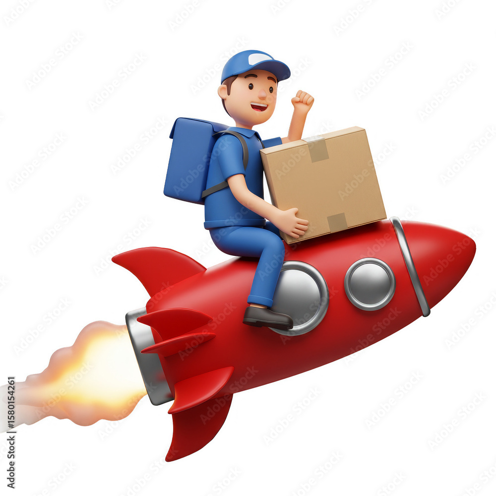 Poster 3d rendering courier man on rocket delivering box fast on transparent