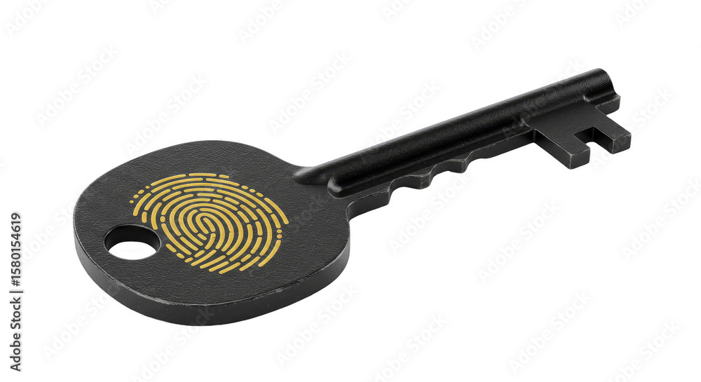 Poster 3d rendered key with golden fingerprint security access concept