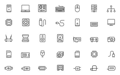 Editable stroke computer hardware line icon set, vector illustration of PC, laptop, motherboard, keyboard, mouse, monitor and more, technology devices, electronic components, USB, network