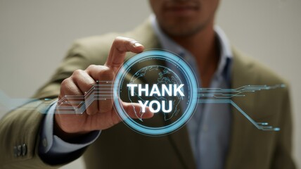 Man interacting with digital thank you display, conveying gratitude and futuristic acknowledgement in business setting.