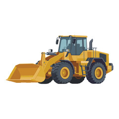 Yellow front end loader construction vehicle with large bucket and tires