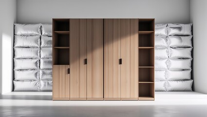 Modern wooden storage cabinet in minimalist interior with white walls and stacked pillows during daylight