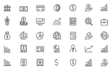 Naklejka na ściany i meble Finance money icon set, banking payment, business investment, saving cash, currency exchange, profit, stock market, asset management, budget analysis, wealth, editable vector illustration