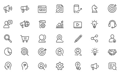 Digital marketing icon set, vector illustration of advertising, website, SEO, social media, content, mail, strategy, target, feedback, online promotion, optimization, communication