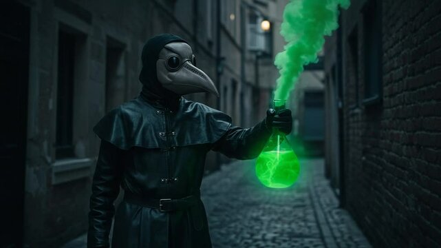 Mysterious figure in alley with glowing potion at dusk