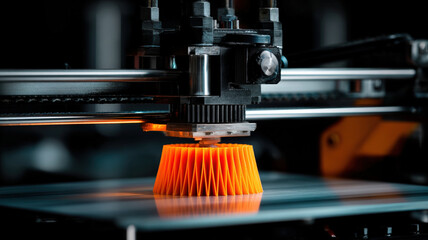 3D printer creating orange layered object with glowing effect during additive manufacturing process