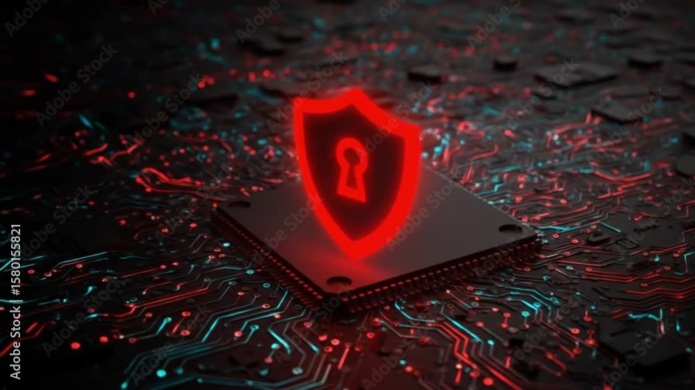 Aufkleber a glowing blue shield icon with a keyhole on a dark chip surrounded by illuminated circuit patterns