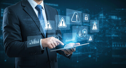 Businessman interacting with digital interface displaying security and data analysis icons
