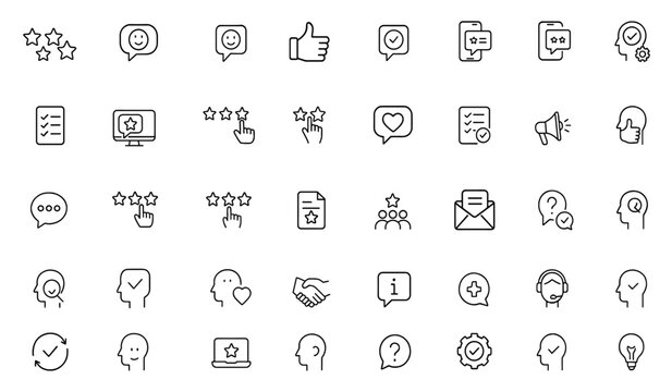 Feedback outline icon set. Contains editable vector symbols of feedback, rating, review, testimonial, support, survey, evaluation, client satisfaction, communication, marketing
