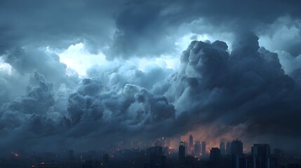 Dramatic storm clouds loom over a city skyline, casting shadows on buildings as rain approaches