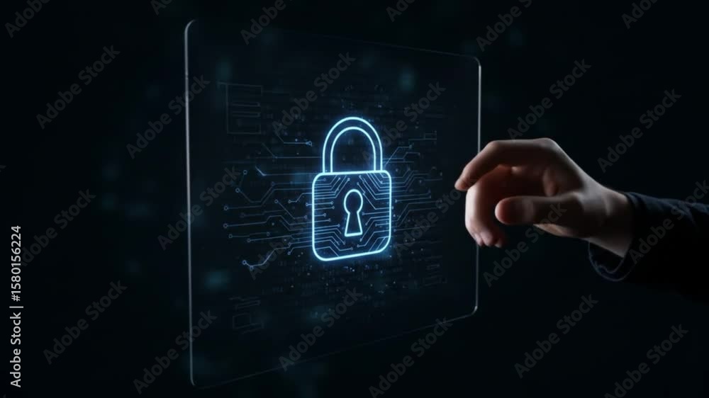 Poster hand touching a glowing blue padlock icon on a transparent screen with circuit patterns around it