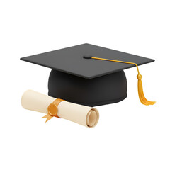 3D Rendering Graduation Cap Degree and Diploma on Transparent Background