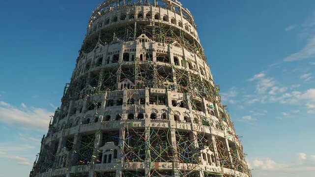 Tower of Babel under construction with scaffolding visible