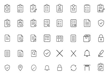 Editable vector clipboard outline icon set with precise stroke — includes clipboard, checklist, report, survey, form, task board & more, productivity management tools vector icons for project planning