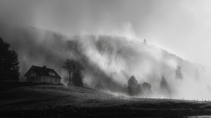 Fototapeta premium Smoke Foreground. Mystical Landscape with Trees and House under Mist