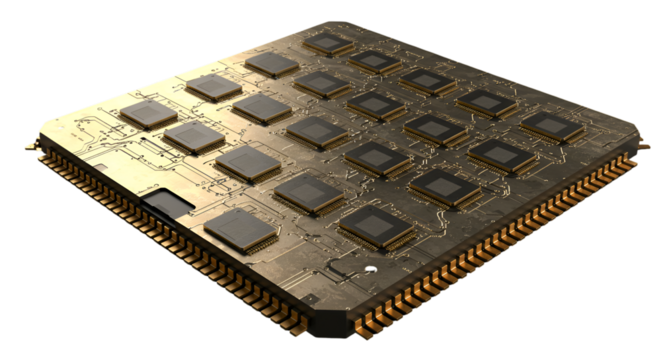3D Rendering Microchip Golden Circuit Board Transparent Background Technology