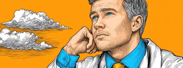 Pensive Doctor in Pixel Art Contemplative Portrait Against Orange Sky with Clouds