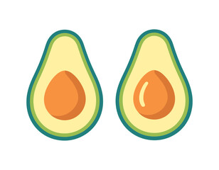 Sliced avocados. Each half shows a pit and is outlined in different colors