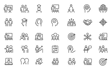 Editable coaching line icon set with training, mentoring, leadership, workshop, teamwork, business development, motivation, skill, strategy, education, support, vector illustration,