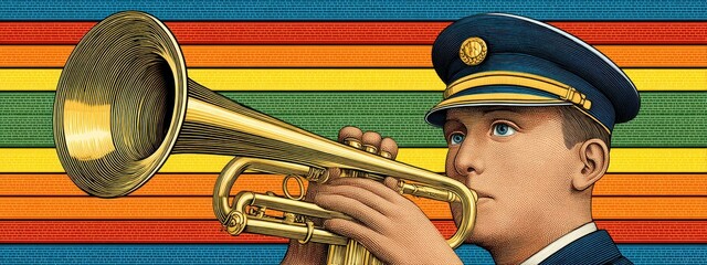 Pixel Art Musician Playing Gold Trumpet Against Vibrant Striped Background