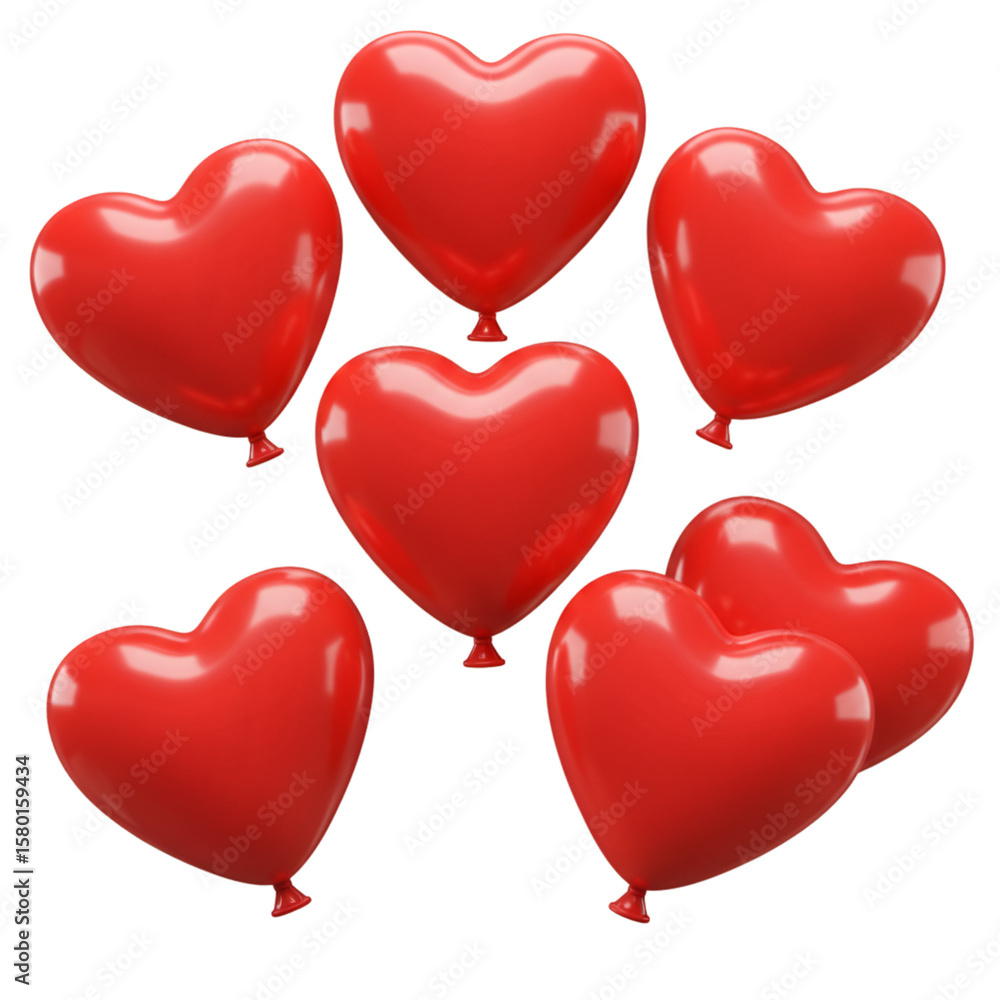 Poster 3d rendering of shiny red heart shaped balloons with transparent background