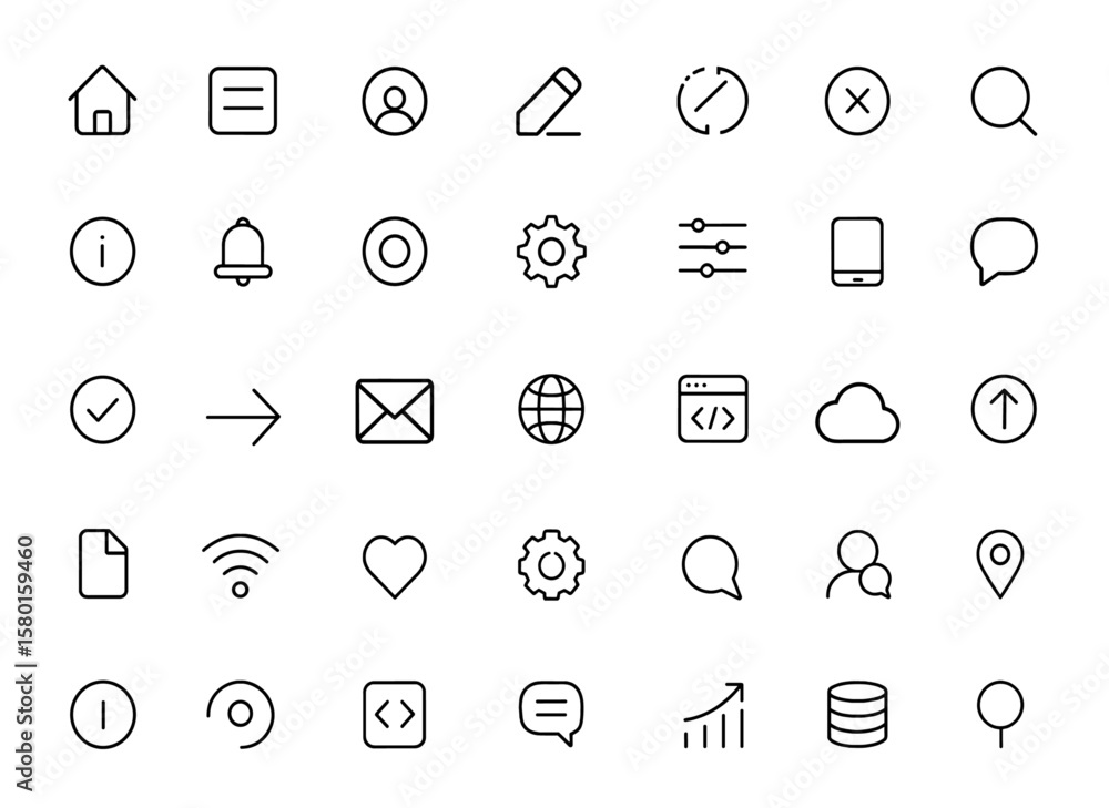 Fototapete User Interface Editable Stroke Icon Set. Web and Mobile Interface Icons Collection. Vector illustration of website design, navigation, buttons, coding, network, app, global media