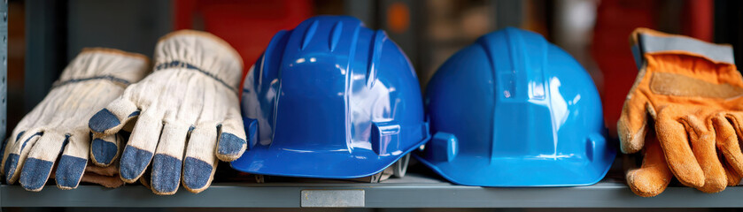Safety gear with blue hard hats and work gloves neatly arranged on shelf
