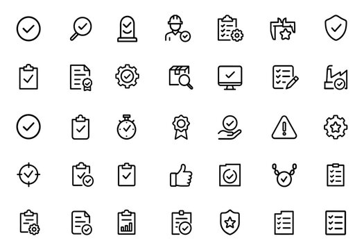 Quality control icon set with editable stroke. Includes quality check, inspection, testing, production evaluation, assurance, calibration, compliance, certification, verification, and more