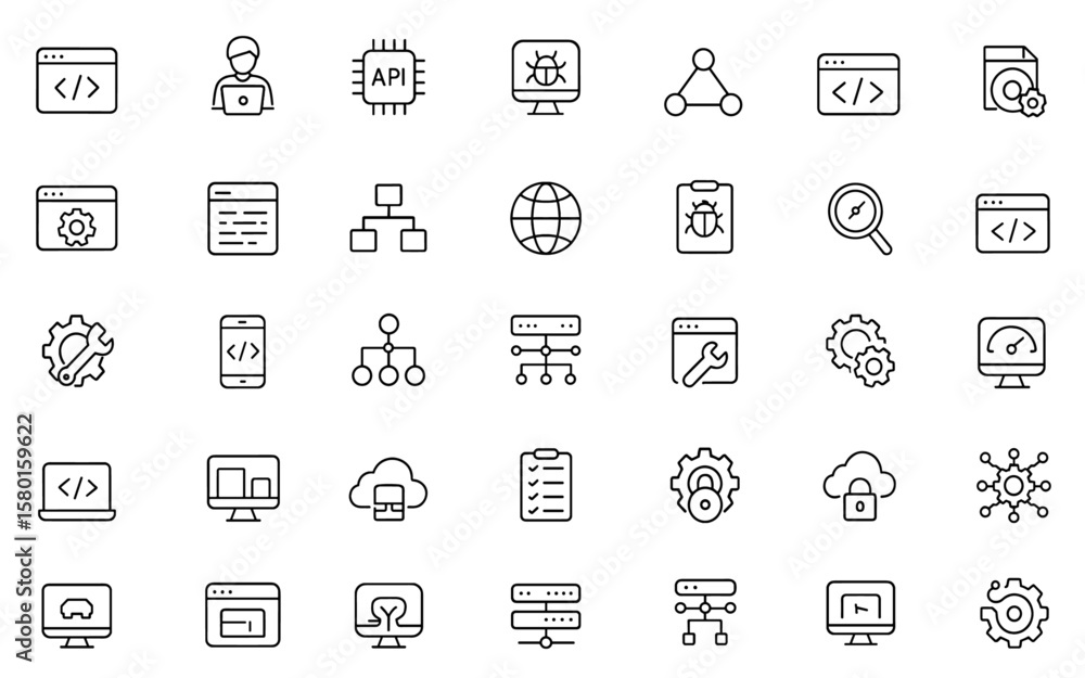 Poster Web Development Icon Set: Vector illustration featuring coding, programmer, API, bug fix, app flow, node connect, web coder, software, website, network, security, testing, optimization