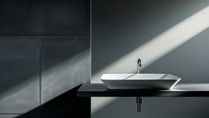 Modern minimalist bathroom design featuring a sleek white sink on a dark countertop in soft natural light