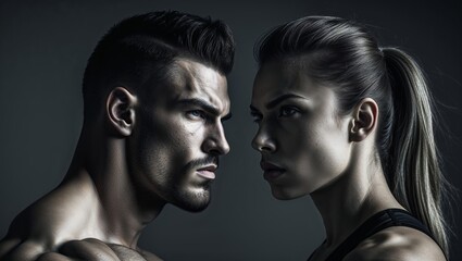 Strong male and female athletes face each other with intense focus in dramatic lighting