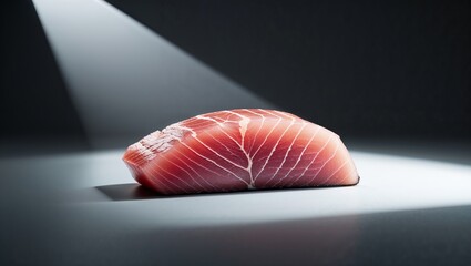 Sliced tuna steak under soft lighting showcasing fresh seafood on a dark background