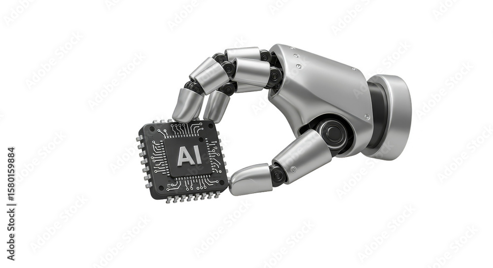 Poster 3d rendering robotic hand holding ai microchip for future tech