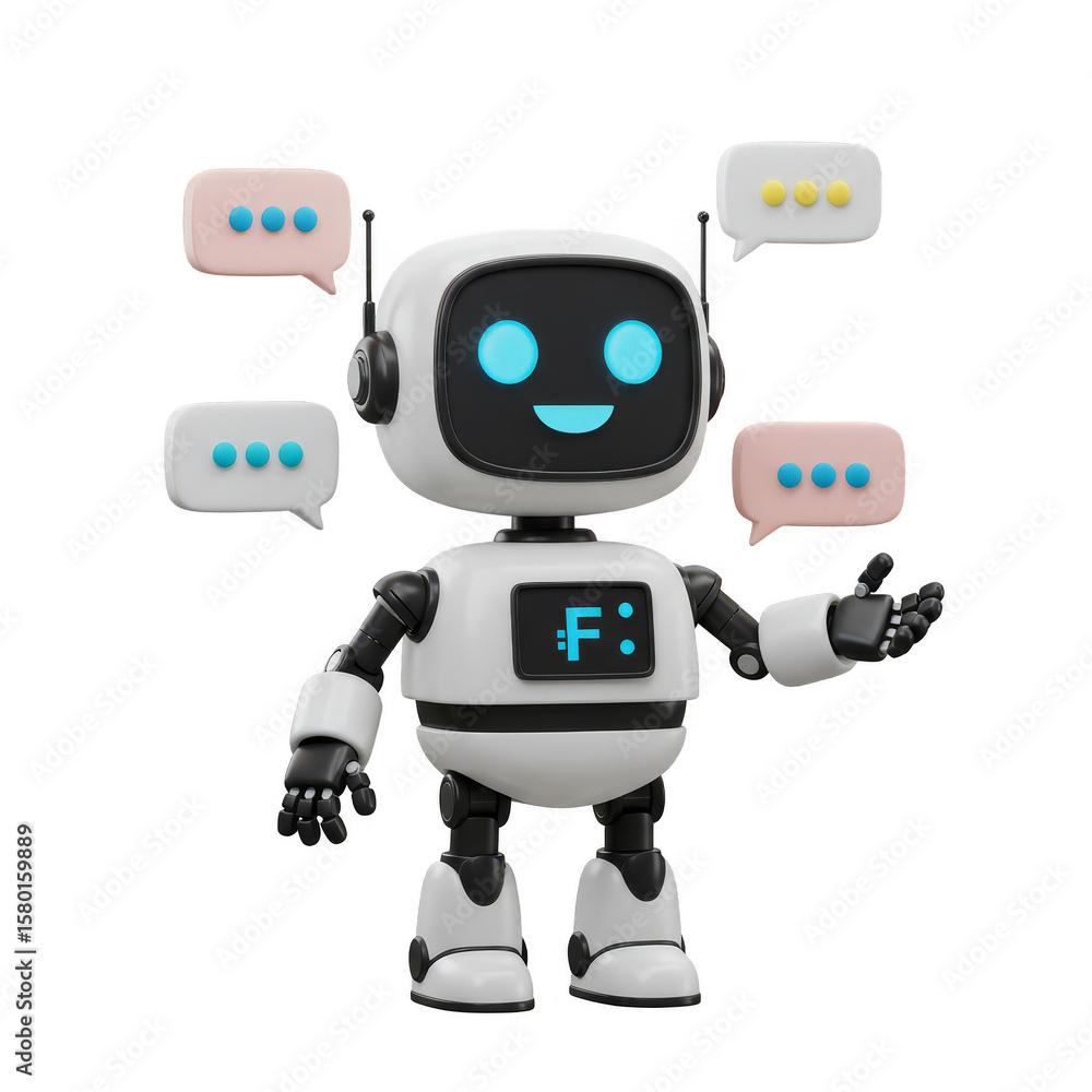 Poster 3d rendering robot chatbot ai assistance with speech bubbles