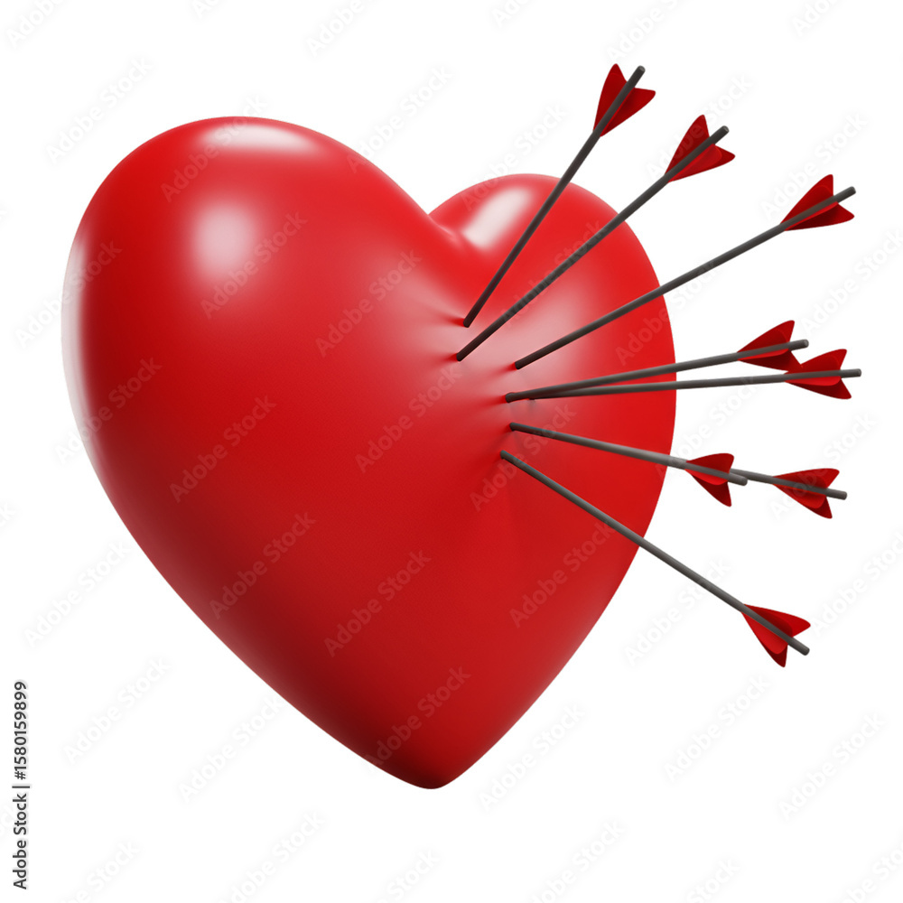 Poster 3d rendering of red heart pierced by arrows on transparent background