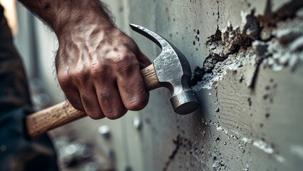 Worker using a hammer to break concrete during a construction project in a residential area in the afternoon